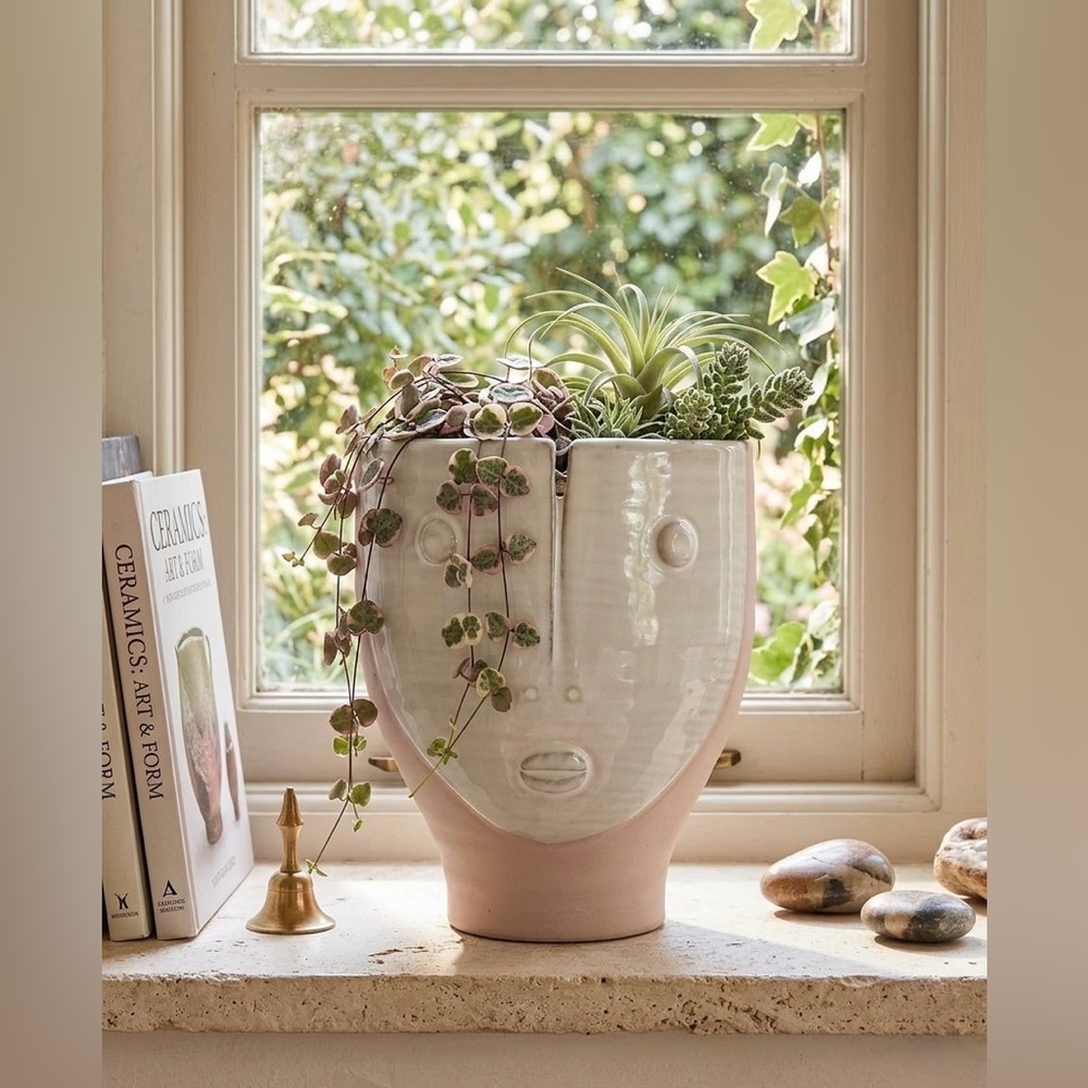 Modern Face Planter with String of Hearts Hair | Large Ceramic Head Pot